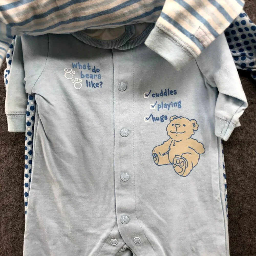 NEW Small Wonder Newborn Boy‎ 3 Piece Footed Pajamas With Bib 100% Cotton Bear